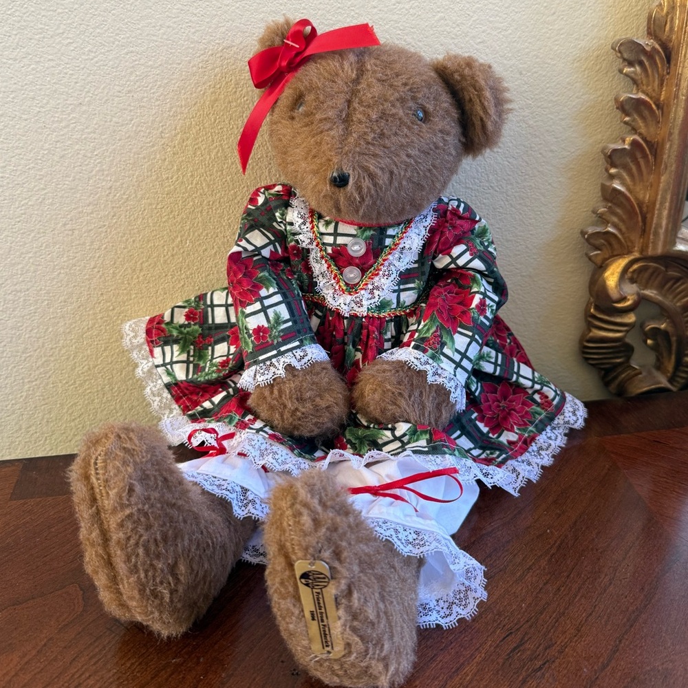 Festive vintage Friends of Frederick collectable Teddy Bear in Red/Green Dress